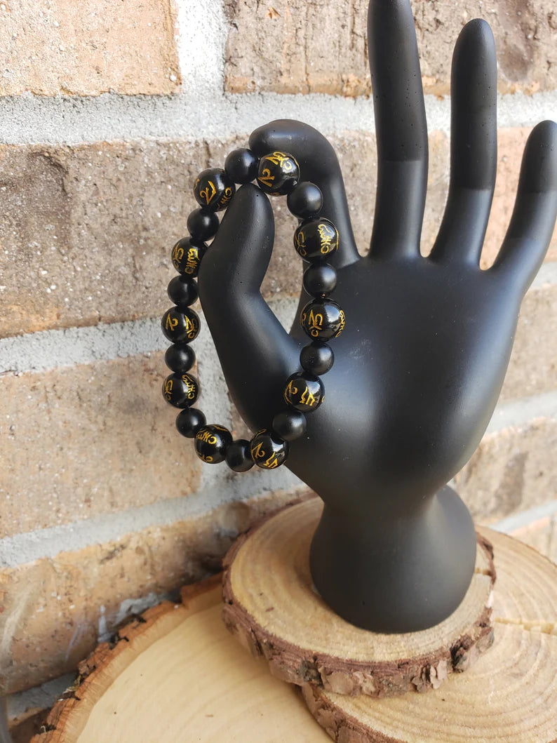 Black Onyx and Obsidian Feng Shui Mantra Bracelet