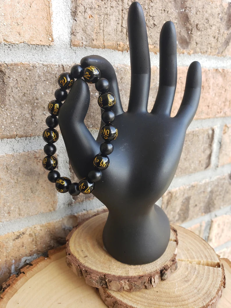 Black Onyx and Obsidian Feng Shui Mantra Bracelet