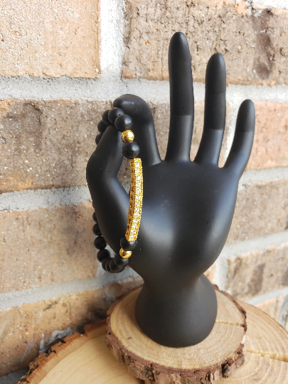 Gold Bar w/ Dual Crown Genuine Black Onyx Bracelet