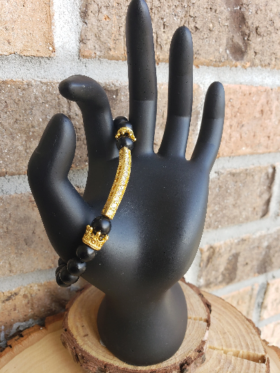 Gold Bar w/ Dual Crown Genuine Black Onyx Bracelet